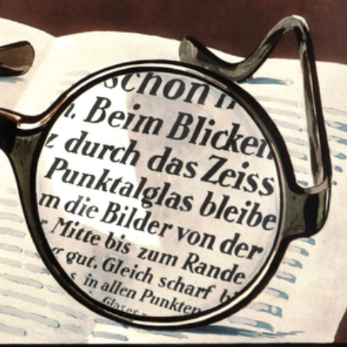 Изображение на стара реклама на лещи ZEISS Punktal, показваща ясно зрение през цялата леща. През 1912 г. това е било революционно. 