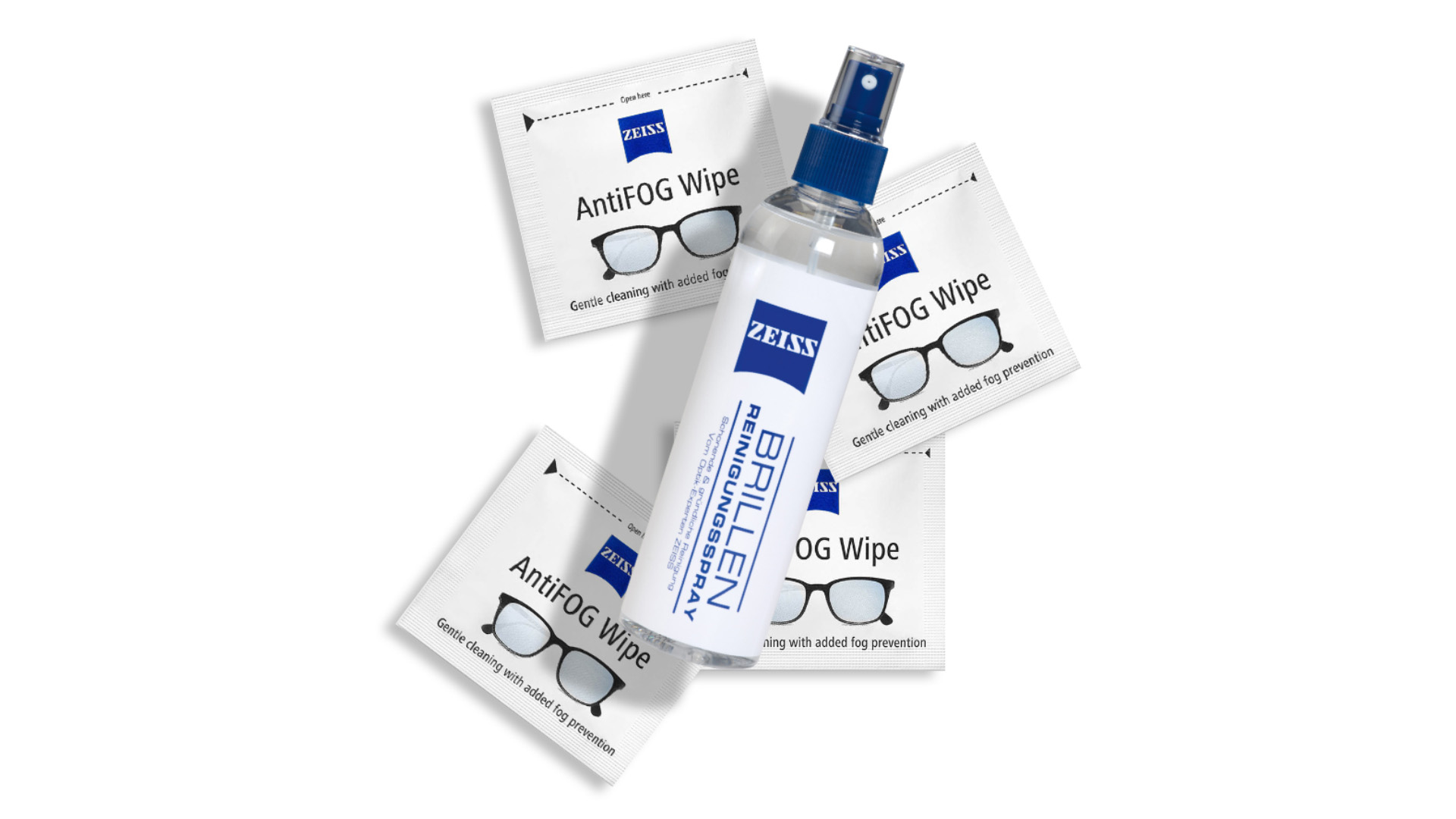 Изображение на почистващи кърпички и спрей на стъкла от ZEISS.