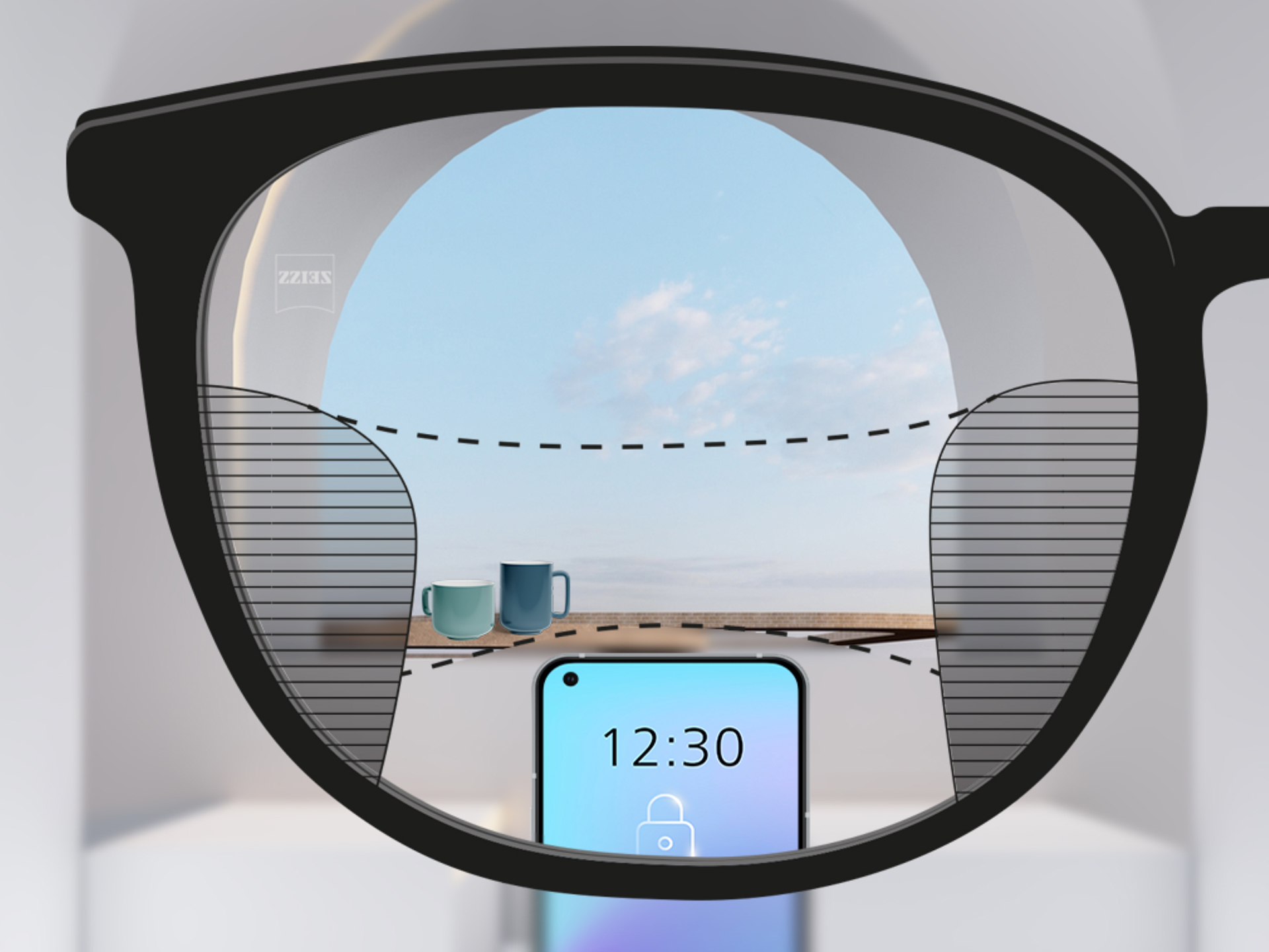 Изображение от гледна точка на леща ZEISS Progressive SmartLife: Замъглените зони отляво и отдясно на лещата са малки и дават възможност за големи зони на ясно виждане.