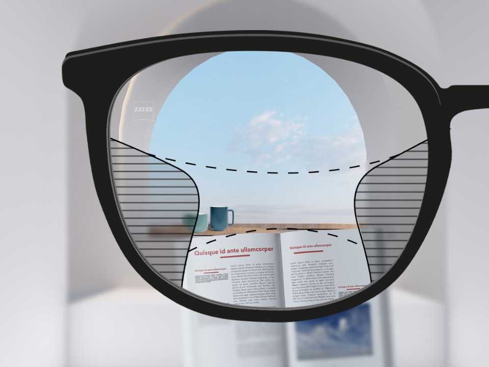 Схематична илюстрация на гледната точка през леща ZEISS Progressive Light 2, показваща средно широки зрителни полета в близката (книга) и далечната (небе) зона и меки преходи между зоните на размазване.