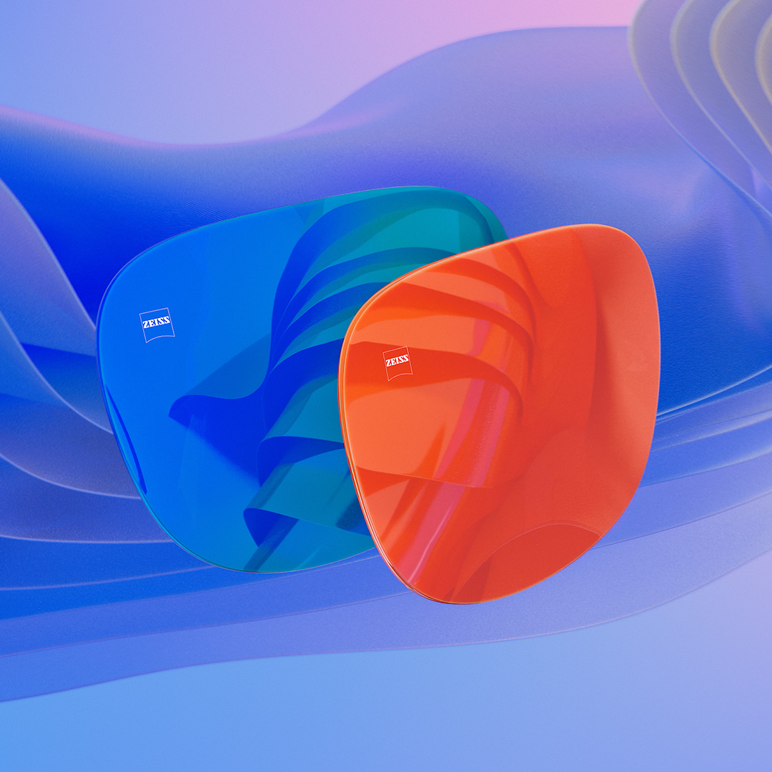 CGI изображение на слънчеви очила с цветни сини и оранжеви огледални предни части.