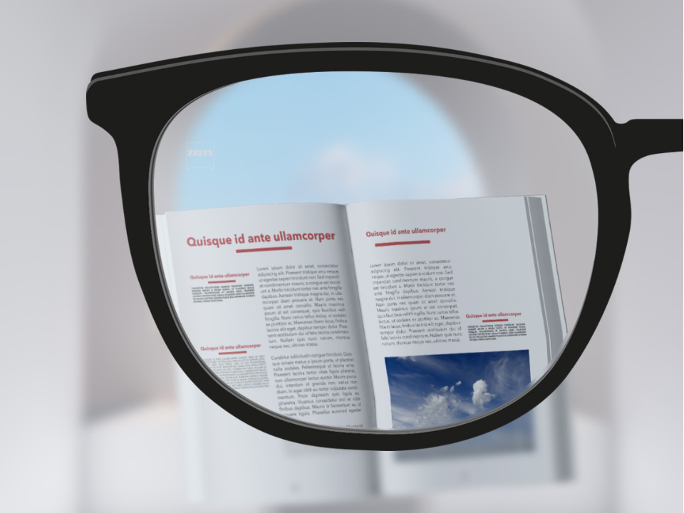  Изображение на гледната точка с лещи ZEISS Single Vision ClearView с книга, при което лещата е прозрачна, освен от външната страна на лещата. 