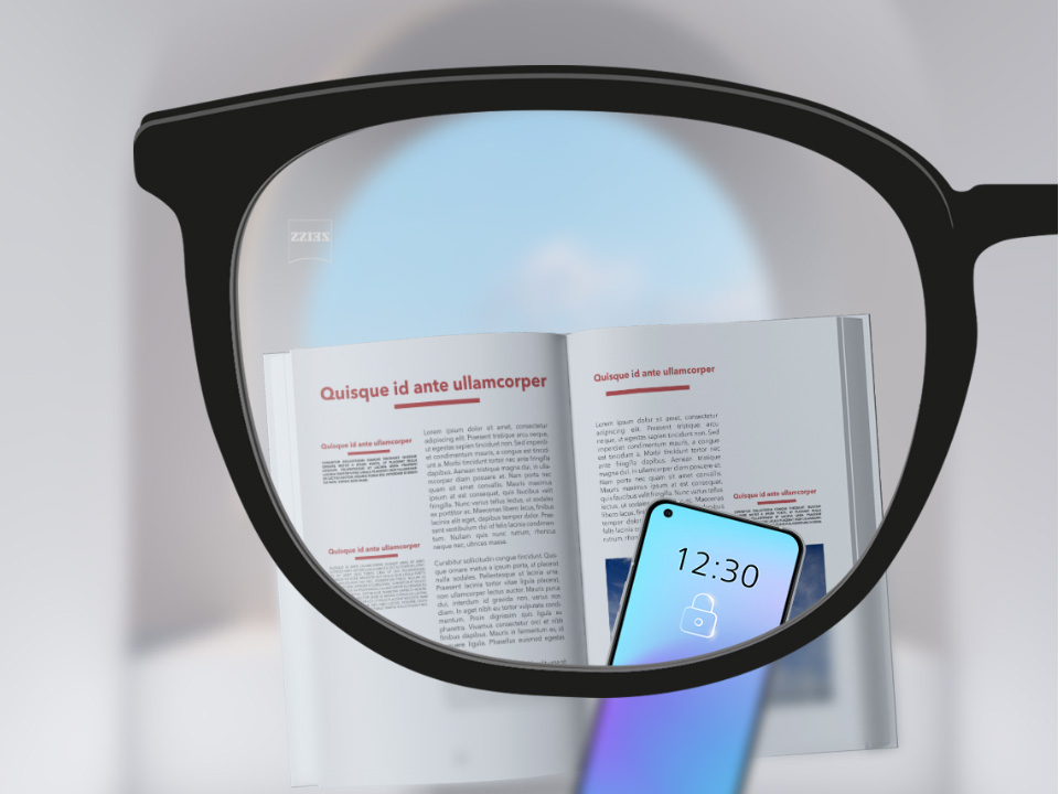 Изображение на гледната точка с лещи ZEISS Single Vision SmartLife със смартфон и напълно прозрачна леща.