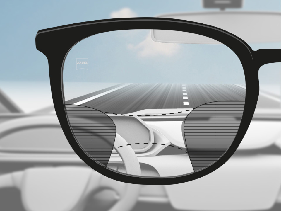 Изображение от гледната точка на шофьор с лещи ZEISS Progressive DriveSafe с ясно зрение на улицата и таблото и размазани участъци вляво и вдясно. 