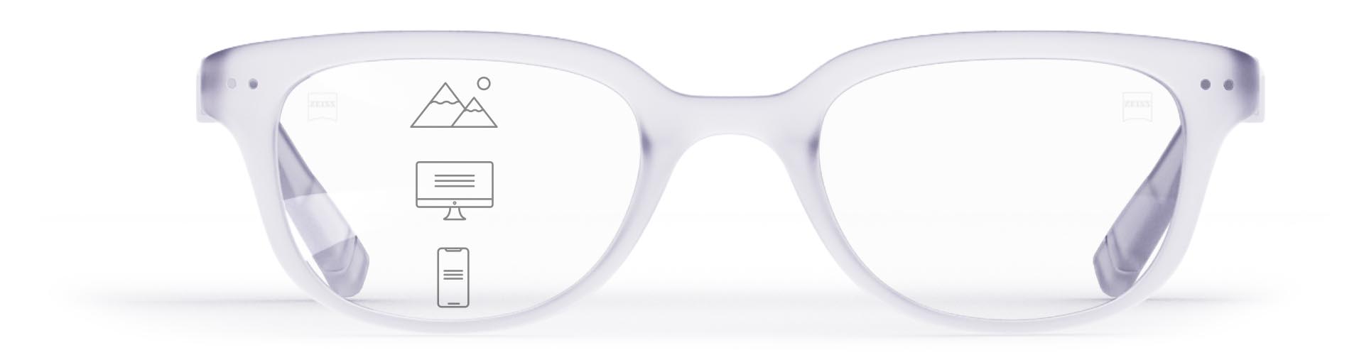 Прогресивни лещи ZEISS SmartLife в стилна прозрачна рамка с икони, указващи различните зони на виждане - близка, средна и далечна